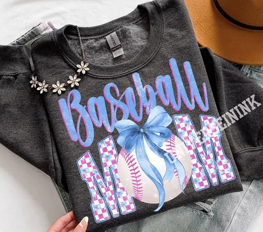 Baseball Mom Pink & Blue Bow